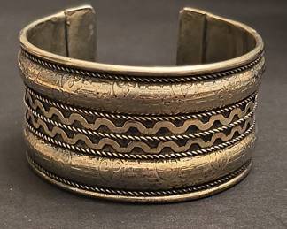 Vintage Wide Ethnic Tribal Cuff Bracelet with Filigree and Twisted Cable Borders