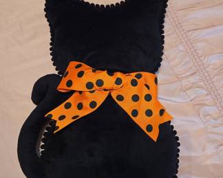 Halloween Black Cat Plush Pillow with Orange Polka Dot Bow