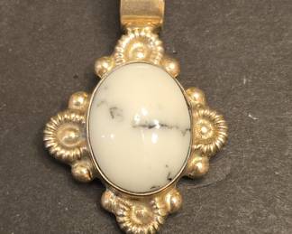 Mexican Sterling Silver White Buffalo Stone Pendant with Beaded Wire Work