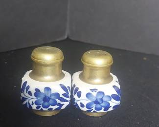 Blue and White Floral Ceramic Salt and Pepper Shakers with Brass Caps