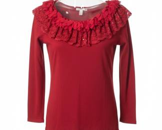 Red Ruffled Embellished Long-Sleeve Knit Top