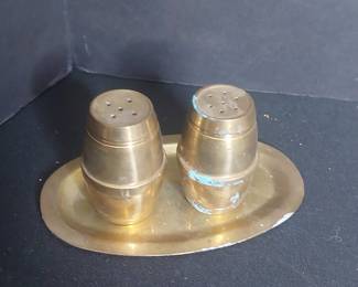 Vintage Brass Barrel Salt and Pepper Shakers with Tray