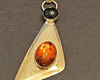 Mid-Century Modern Sterling Silver Amber and Onyx Pendant
