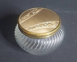 Vintage Swirled Glass Vanity Jar with Embossed Floral Metal Lid