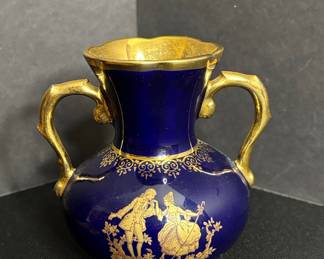 Limoges Castel France Cobalt Blue and Gold Courting Couple Miniature Vase