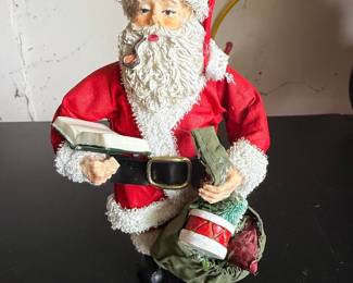 THC Brand Fabric Mache Santa Claus Figurine with Pipe, Book, and Toy Bag (1993)