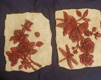 Set of 2 Floral and Dragonfly Relief Wall Plaques