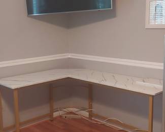 L-Shaped Corner Desk with Faux Marble Top and Gold Frame