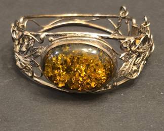 Vintage Baltic Amber and Sterling Silver Leaf Motif Hinged Bangle Bracelet