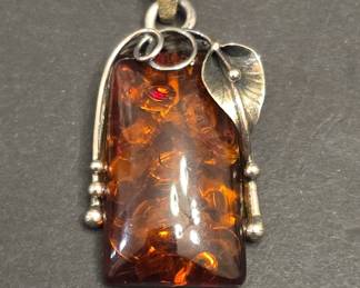 Sterling Silver and Baltic Amber Leaf Pendant