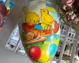 Vintage German Paper Mache Easter Egg Candy Container - Chicks in Boat Scene