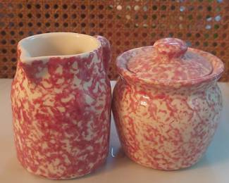 Friendship Pottery Roseville Pink Spatterware Creamer and Sugar Set