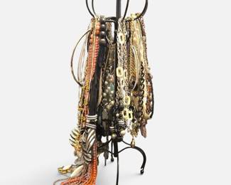 Vintage-Style Metal Jewelry Display Stand with Costume Jewelry Collection