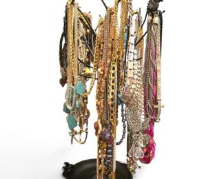 Vintage Jewelry Display Stand with Assorted Bohemian and Designer Costume Jewelry