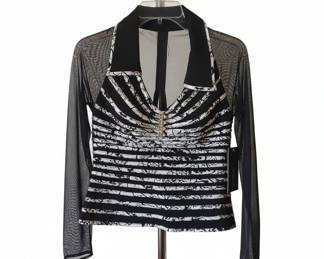 Victor Costa Black and White Striped Mesh Blouse with Rhinestone Embellishment