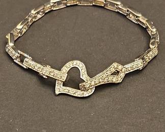 Sterling Silver Heart Link Bracelet with Crystal Accents