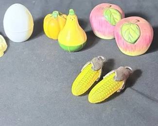 Assorted Food Themed Salt And Pepper Shakers See pictures for details and measurements Fried egg salt and pepper shaker has writing on bottom as pictured