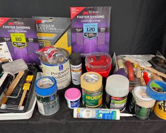Paint, Sanding & Home Repair Supplies Useful assortment of painting, refinishing, sanding, and home repair supplies with both materials and application tools included. Great garage or workshop lot for tackling upcoming DIY projects.  Paints, stains, urethane, filler and repair products 3M sanding sheets in multiple grits Painter's and masking tape Paint brushes, rollers, trays and scrapers DryDex, Bondo and Mapei products Minwax and Sherwin-Williams products Containers have been used; seller reports remaining contents are over half full See photos for all items included and condition Market Insight & Estimated Market Value: A practical grab-and-go collection with plenty of consumable supplies plus reusable painting and repair tools.  Estimated Market Value: $75–$125