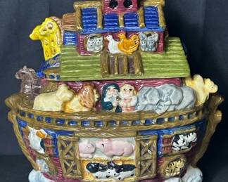Vintage Bico Noah’s Ark Ceramic Cookie Jar Colorful Bico Noah’s Ark cookie jar featuring raised animal figures around the ark and a detailed removable lid. A fun display piece for a kitchen, nursery or Noah’s Ark collection.  Marked Bico China Sculpted and hand-painted style details Paint chips and other wear present See photos for condition and measurements Market Insight & Estimated Market Value: The dimensional animals and colorful ark design give this cookie jar plenty of decorative and collectible appeal.  Estimated Market Value: $30–$50