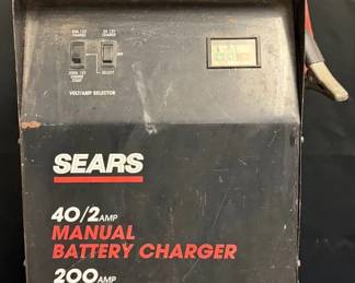 Sears 40/2 Amp Manual Battery Charger & 200 Amp Engine Starter Heavy-duty Sears wheeled battery charger and engine starter for 12-volt batteries. Tested and working, with charging and engine-start settings for garage or shop use.  40/2 amp manual battery charger 200 amp engine starter For 12V batteries Heavy-duty clamps and wheeled design Tested and working Shows substantial cosmetic wear from use; see photos Market Insight & Estimated Market Value: Older Sears shop equipment like this remains useful for anyone maintaining cars, trucks, tractors or other 12V equipment—and the 200-amp starting function adds versatility beyond a basic charger.  Estimated Market Value: $60–$100