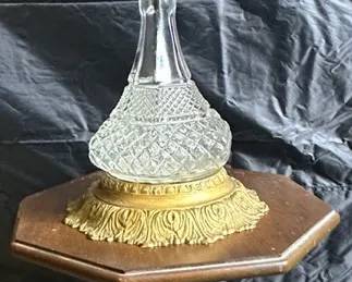 Vintage Accent Table With Metal And Glass Lamp Shows signs of wear like scratches, scrapes, and faded finish Lamp does turn on and work See photos for examples of condition Lamp: 25” H Table: 23” H 14” W