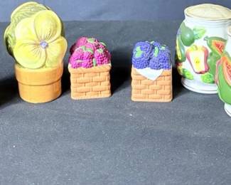 Set Of 5 Fruit Themed Salt And Pepper Shakers See pictures for details and measurements Small black jug with flowers is missing a stopper