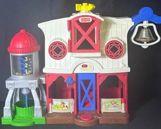 Fisher-Price Little People Caring For Animals Farm Playset Only includes barn In need of cleaning Items show signs of wear like sticker residue, rust on bell and screws, and water damage on sticker. Turning section appears to not be functioning properly. Does turn on, but light flickers and it makes a strange noise See photos for condition and measurements