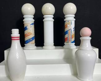 Vintage Milk Glass Barber Poles, Bowling Pin, And Lotion Bottle Please see pictures for approx measurements and condition of items Bowling pin with no lid 3 barber poles 1 lotion bottle “To a Wild Rose”