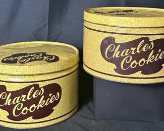 Pair Of Vintage Charles Cookies Tins With Lids Shows signs of wear like dents, stains, and oxidation See photos for condition and measurements S