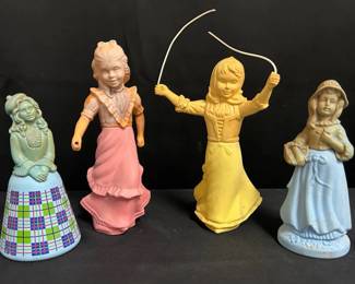 Vintage Avon Figural Perfume Bottles - Set of 4 Vintage Avon Figural Perfume Bottles - Set of 4  Set of four vintage Avon figural perfume bottles featuring ladies in colorful period-style dresses. All bottles are empty and display nicely as vintage Avon collectibles.  Four Avon figural bottles One retains a “Little Girl Blue Cotillion Cologne” label Colors show fading and age-related wear One figurine is missing its hoop Jump rope on one figurine is broken Please see photos for condition and details Market Insight & Estimated Market Value: A fun group for Avon bottle collectors, with four different figural designs that display well together.  Estimated Market Value: $25–$45