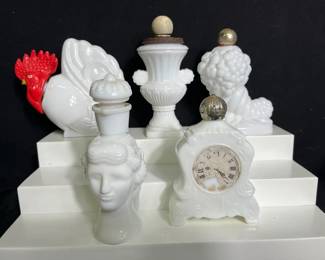 Vintage Avon Milk Glass Bottles Please see pictures for condition and approx measurements for each item Avon clock Grecian pitcher Classical urn Cornucopia Rooster