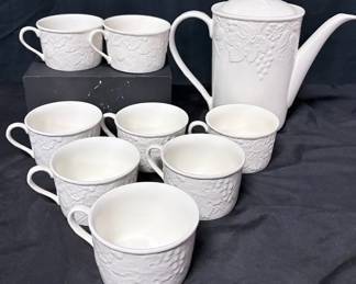 Mikasa English Countryside Tea Set Mikasa English Countryside White DP900 tea set featuring the pattern’s raised fruit, vine, and basketweave design. A pretty all-white set that works for everyday use or entertaining.  Lidded teapot 8 matching cups Oven, microwave and dishwasher safe See photos for measurements and condition   Market Insight & Estimated Market Value: The embossed English Countryside pattern gives this neutral white set plenty of texture while remaining easy to mix with other white dinnerware.    Estimated Market Value: $55–$85