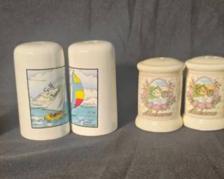 Alabama Souvenir Salt & Pepper Shaker Collection Three ceramic Alabama-themed salt and pepper shaker sets featuring state landmarks and symbols.  Dixie Brand hand-painted cardinals, approx. 3.5"H, featuring Alabama’s state bird and camellia state flower Kymulga Grist Mill, Childersburg shakers, approx. 2.25"H Gulf Shores sailboat shakers, approx. 3"H, with light paint wear and crazing 6 pieces total; need cleaning Market Insight & Estimated Market Value: A fun Alabama souvenir collection combining local history, Gulf Shores, and classic state imagery.  Estimated Market Value: $30–$50