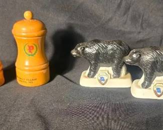 Missouri Souvenir Salt & Pepper Shaker Sets Two Missouri souvenir salt and pepper shaker sets, including wooden shakers from Hillbilly Village, Cabool, Missouri, and black bear shakers featuring the Missouri “Show-Me State” emblem.  Wooden shakers approx. 3.5"H Bear shakers approx. 2.75"W x 2"H 4 pieces total Need cleaning Please see photos for condition Market Insight & Estimated Market Value: Fun Missouri travel memorabilia with rustic cabin, kitchen, or salt-and-pepper collection appeal.  Estimated Market Value: $15–$25