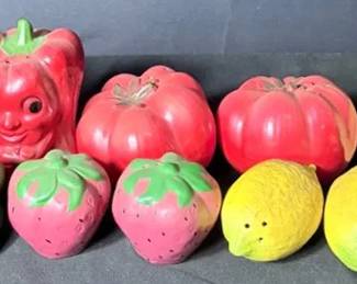 Set Of 6 Vegetable And Fruit Salt And Pepper Shakers See pictures for details and measurements One corn salt and pepper shaker is missing stopper at bottom