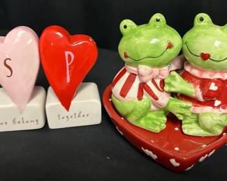 Valentine’s Day Salt & Pepper Shaker Sets Two sweet Valentine-themed sets featuring a pair of hugging frogs on a heart-shaped tray and Department 56 magnetic heart shakers reading “we belong together.”  Heart shakers are magnetic No noticeable chips or cracks See photos for condition and details Market Insight & Estimated Market Value: Fun seasonal pieces with plenty of charm for Valentine’s decorating or salt and pepper shaker collectors.  Estimated Market Value: $25–$40