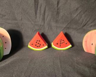 Watermelon Salt & Pepper Shaker Collection Fun collection of six watermelon-themed salt and pepper shakers, including four ceramic shakers and two Avon plastic wedge-shaped shakers. The ceramic pieces appear hand-painted, giving this group a cheerful summertime kitchen or picnic décor look.  6 shakers total Ceramic shakers approx. 2.75"–3.25"H Avon plastic wedge shakers approx. 2"H Ceramic pieces have no discernible maker Need cleaning; see photos for condition   Market Insight & Estimated Market Value: A colorful little collection with strong appeal for salt-and-pepper shaker collectors, watermelon décor lovers, or a summer kitchen display.    Estimated Market Value: $20–$35
