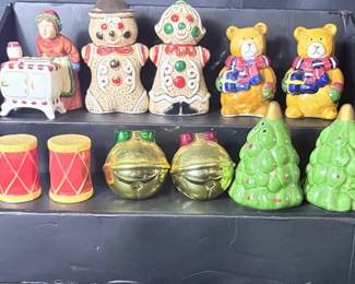 Christmas Salt & Pepper Shaker Collection Colorful collection of six Christmas salt and pepper shaker sets with gingerbread people, teddy bears, Christmas trees, jingle bells, toy drums, and a holiday stove scene.  12 pieces total / 6 pairs Few pieces marked Avon China Please see photos for condition, markings, and measurements Market Insight & Estimated Market Value: A cheerful mix of collectible holiday shakers perfect for Christmas kitchen décor, table settings, or adding to a seasonal collection.  Estimated Market Value: $25–$45