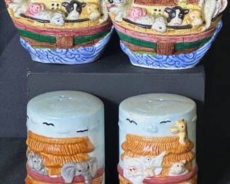 Vintage Young's Noah's Ark Salt & Pepper Shaker Sets Two charming Noah's Ark salt and pepper shaker sets by Young's, each decorated with colorful animals aboard the ark. Fun pieces for a shaker collection or Noah's Ark display.  Includes 2 complete shaker sets / 4 pieces total One shaker is missing its stopper Need cleaning See photos for condition and measurements Market Insight & Estimated Market Value: The dimensional animal details and two different ark designs make this a particularly cute grouping for Noah's Ark or novelty shaker collectors.  Estimated Market Value: $25–$40