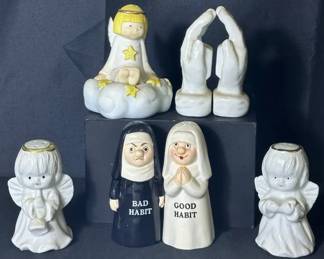 Religion Themed Salt And Pepper Shakers In need of cleaning See photos for items included, measurements, and condition