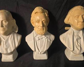 Vintage Avon American Founding Fathers Bust Decanters Set of three vintage Avon figural decanters featuring Benjamin Franklin, George Washington, and Abraham Lincoln. These empty collectible bottles make a fun display for Americana, presidential, or Avon collectors.  Benjamin Franklin – approx. 6.25"H George Washington – approx. 6.25"H Abraham Lincoln – approx. 6.5"H Empty; no original aftershave/cologne remains Shows discoloration/yellowing and needs cleaning; see photos Market Insight & Estimated Market Value: A recognizable trio with great shelf appeal for an Americana or vintage Avon collection.  Estimated Market Value: $25–$45