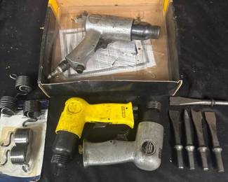 Stanley & Central Pneumatic Air Hammer Tool Lot Air tool assortment featuring Stanley and Central Pneumatic pneumatic hammers with assorted chisels and retainer springs. A useful group for automotive, fabrication, and general shop work.  Stanley air hammer approx. 10.5"L; tested and working 2 Central Pneumatic air hammers approx. 8"L; untested Assorted chisel bits and springs included Visible wear from prior use See photos for included pieces and condition   Market Insight & Estimated Market Value: A practical ready-made assortment with multiple air hammers plus interchangeable-style chisels for the garage or workshop.    Estimated Market Value: $40–$70
