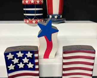 Patriotic Americana Salt & Pepper Shaker Collection Festive red, white, and blue salt and pepper shaker collection with American flag, drum, Uncle Sam-style top hat, and shooting star designs. Fun for Fourth of July entertaining or year-round Americana décor.  Includes 3 salt & pepper shaker sets Ceramic construction Star shaker nests into the coordinating flag-shaped shaker Please see photos for measurements and condition   Market Insight & Estimated Market Value: A fun coordinated collection for patriotic table settings, holiday displays, or Americana collectors.    Estimated Market Value: $25–$40