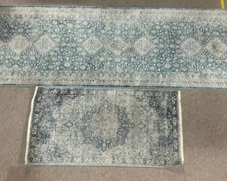 Unique Loom Newport Collection Navy Area Rug & Runner Coordinating Unique Loom Newport Collection rugs in navy blue with a distressed traditional pattern. Made in Turkey with polypropylene pile and cotton backing.  Area rug: approx. 2' x 3'11" Runner: approx. 31" x 10' Water repellent, antistatic, colorfast and non-shedding per manufacturer labels Some staining/spotting present; appears more prominent in photos than in person Please see photos for condition Market Insight & Estimated Market Value: A coordinated pair that makes it easy to carry the same blue traditional look from an entry or accent area into a hallway.  Estimated Market Value: $45–$75