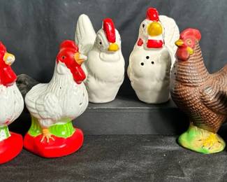 Three Sets Of Chicken Salt And Pepper Shakers Three sets of chicken salt and pepper shakers Shakers are ceramic All shakers still have their stoppers Some shakers show signs of use See pictures for details