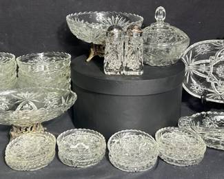 Assortment Of Star Of David Clear Glass See pictures of details and measurements Includes - footed dishes, 12 bowls, 12 coasters, salt n pepper, & more