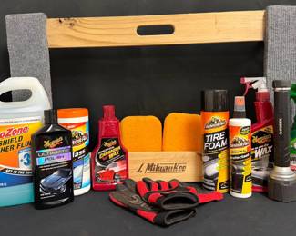 J. Milwaukee Furniture Dolly With Car Care & Detailing Supplies Handy garage lot anchored by a J. Milwaukee furniture dolly, plus an assortment of name-brand automotive cleaning and detailing supplies.  J. Milwaukee padded furniture dolly, approx. 30"W Meguiar's polish, carnauba wax and Quik Wax Armor All protectant, tire foam and glass wipes Turtle Wax Bug & Tar Remover AutoZone windshield washer fluid Husky flashlight Gateway work gloves and 2 large sponges See photos for product amounts and condition Market Insight & Estimated Market Value: A practical combination for car care, garage use and moving projects, with several recognizable automotive brands plus the reusable furniture dolly.  Estimated Market Value: $55–$85