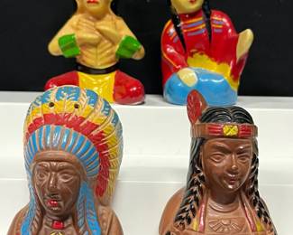 Vintage Native American-Themed Salt & Pepper Shaker Sets Colorful collection of two vintage ceramic salt and pepper shaker sets featuring Native American-themed figures in traditionalized attire. Includes both bust-style and full-figure designs.  4 shakers / 2 sets total Bright hand-painted-style details Feather on one shaker was broken and reattached with glue Please see photos for measurements and overall condition Market Insight & Estimated Market Value: Eye-catching vintage novelty shakers with distinctive figural designs that appeal to collectors of older kitchenware and Americana-themed pieces.  Estimated Market Value: $30–$50