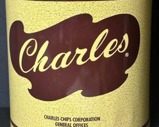 Vintage Charles Chips Tin With Lid Shows signs of wear like dents, oxidation, and and stains See photos for measurements and condition