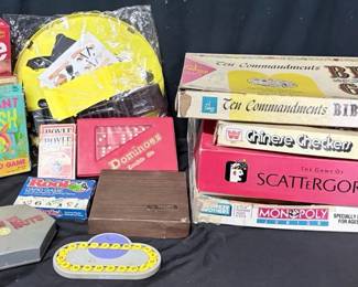 Assorted Vintage & Classic Board Games Large mixed collection of family board, card, dice and tabletop games, including Yahtzee, Scattergories, Monopoly Junior, Chinese Checkers, Scrabble Crossword/Dominoes, Ten Commandments Bible Game, Giant Fish, Rook, Dominoes and more.  Games have not been inventoried for completeness and may be missing pieces. Please see photos for games included and condition. Market Insight & Estimated Market Value: A fun nostalgia-filled assortment with plenty to explore for game collectors, family game nights or replacement pieces.  Estimated Market Value: $50–$90
